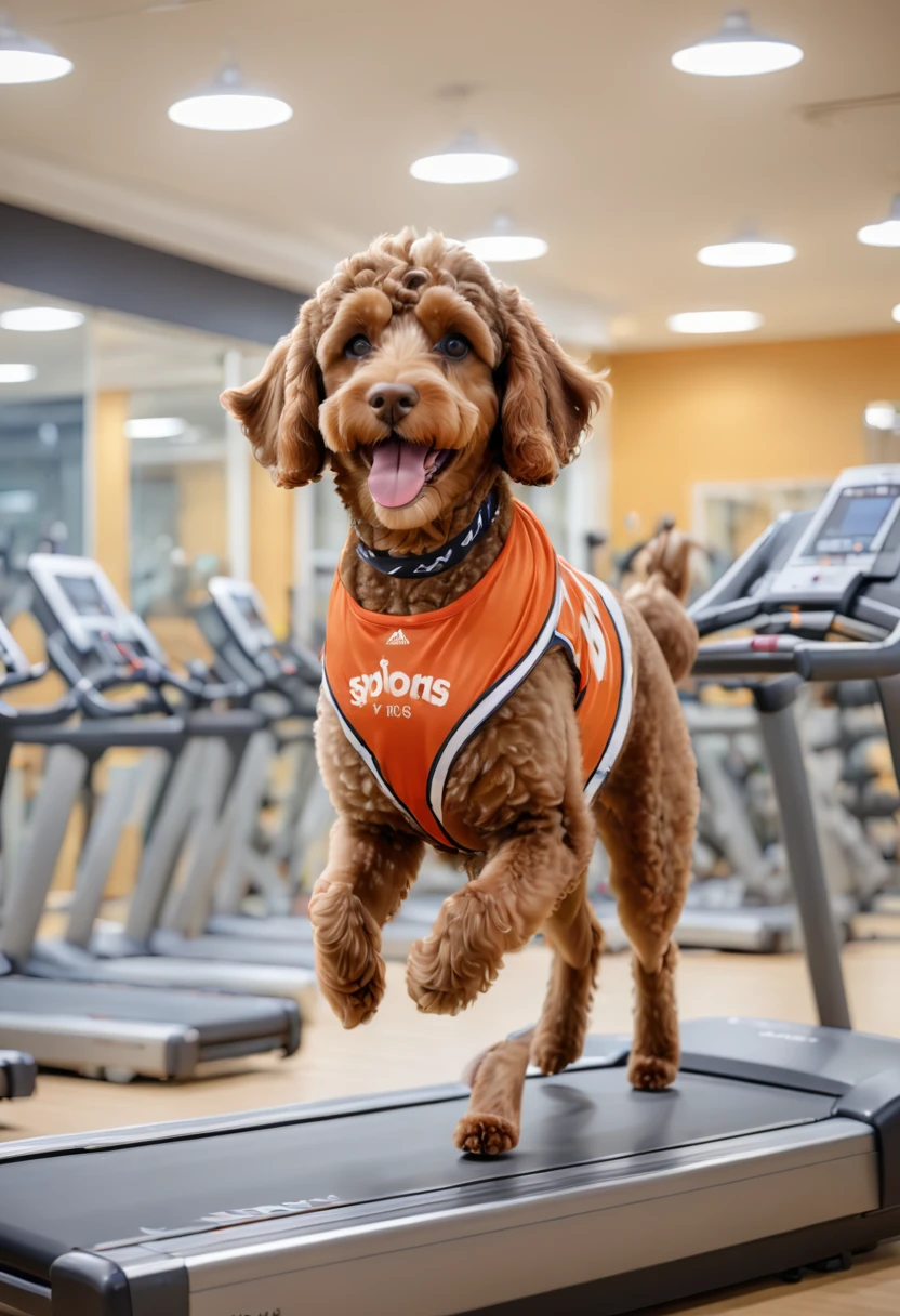 A brown Cavapoodle wearing a sports jersey and headband, running on a treadmill in a modern gym. The background features various gym equipment and large mirrors reflecting the energetic scene