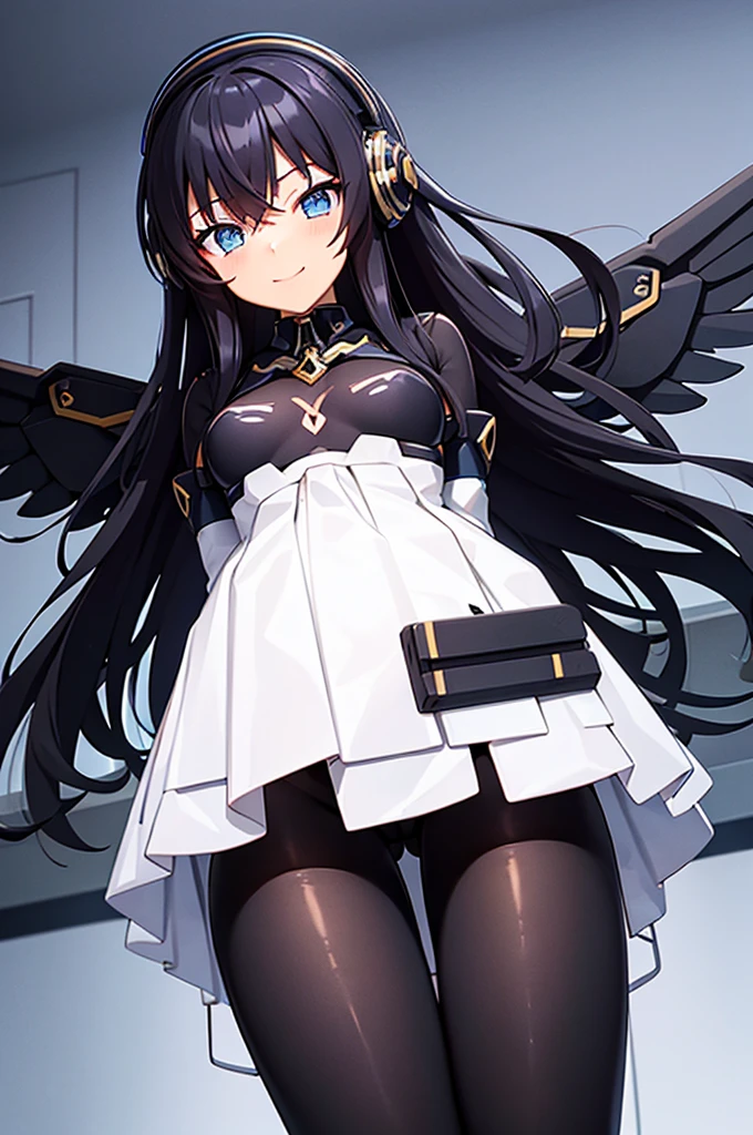 mecha wings、skirt、Accentuated thighs、black tights、chest、Beautiful black hair、1 girl、solo girl、Thick thighs、IS、Frame Arms Girl、Alice Gere Aegis、income、headphone、hand on own chest、smile