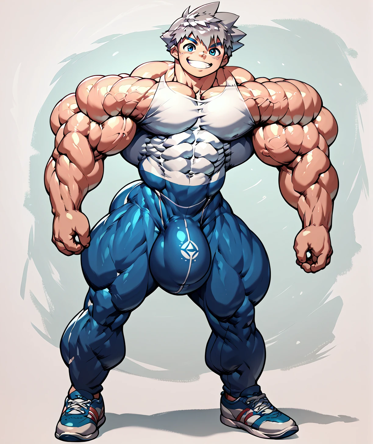big bulge , huge bulge, white thong ,alone, smiling , muscular, huge muscle, big muscles, pectoral muscle , 1 chico , YOUNG , anime, full body , pokkuti , riku , blue eyes, silver hair