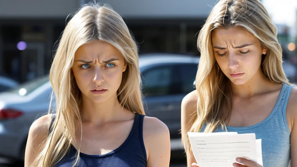 Emily, a young woman with clear blue eyes and tears streaming down her face, is crying out in distress. She has long, blonde hair styled in a casual, tousled look with natural waves and a healthy shine. She is dressed in a summer tank top. She is standing and holding a piece of paper showing low pension amounts, looking extremely anxious and upset. The background is dark and gloomy, with warning signs and downward arrows indicating financial decline.
