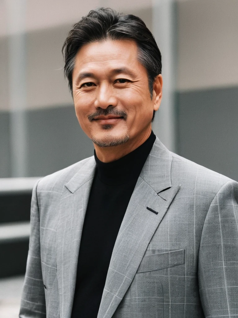 Middle-aged men、Handsome、２Block&#39;s hairstyle、((Black polo shirt))、smile、Full body photo