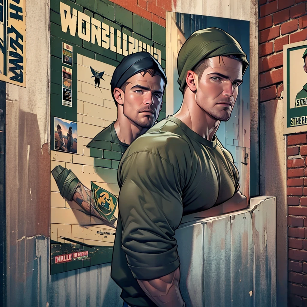 32k, high quality , detailed face , detailed hands , detailed muscles , (((stephen amell))) standing and posing as a military man ,standing with spread legs, showing his muscles and bulge , ((background brick wall with lot of army posters ))