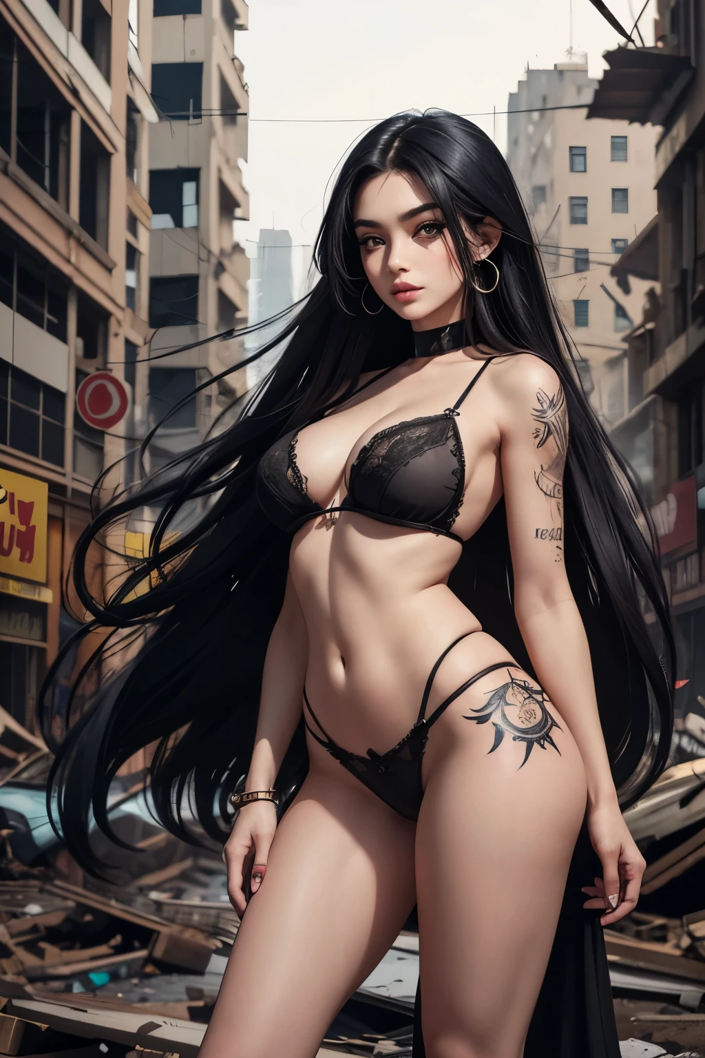 Woman, Black Hair, Long Hair, Straight Hair, Large Breasts, Black Lingerie, Dark Makeup, Heavy Eyeliner, (Colorful Tattoos), in Ruined City, ((in Destroyed City))