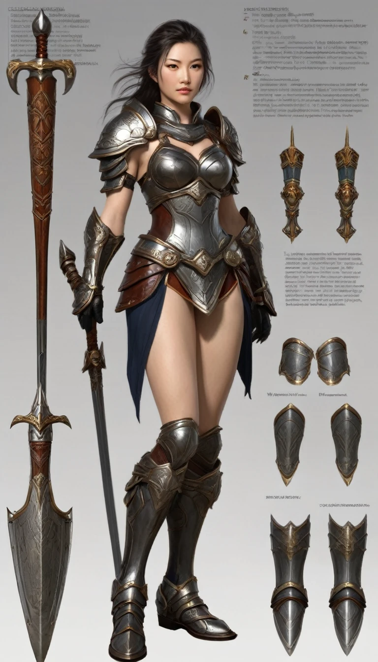 character design sheet, Woman, warrioress, of armor, legs showing, pretty legs, not Mark Reiden style, Xue Wang, exquisite workmanship, high détail, 8k, realisitic, inscriptions with technical characteristics, character description given, your strengths are shown