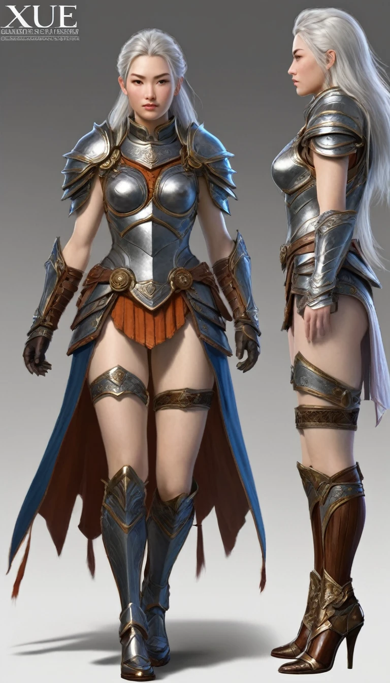 character design sheet, Woman, warrioress, of armor, legs showing, pretty legs, not Mark Reiden style, Xue Wang, exquisite workmanship, high détail, 8k, realisitic, inscriptions with technical characteristics, character description given, your strengths are shown