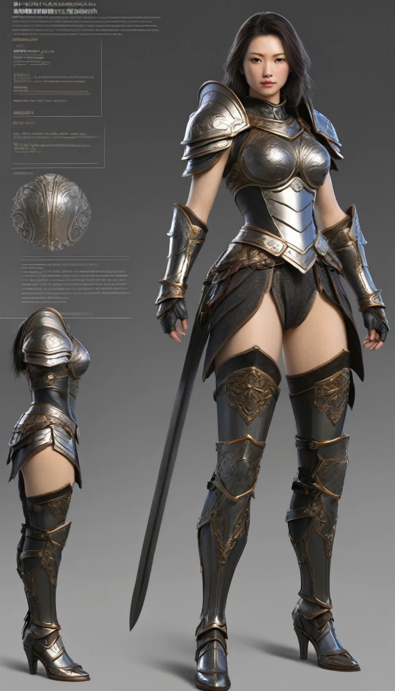 character design sheet, Woman, warrioress, of armor, legs showing, pretty legs, not Mark Reiden style, Xue Wang, exquisite workmanship, high détail, 8k, realisitic, inscriptions with technical characteristics, character description given, your strengths are shown