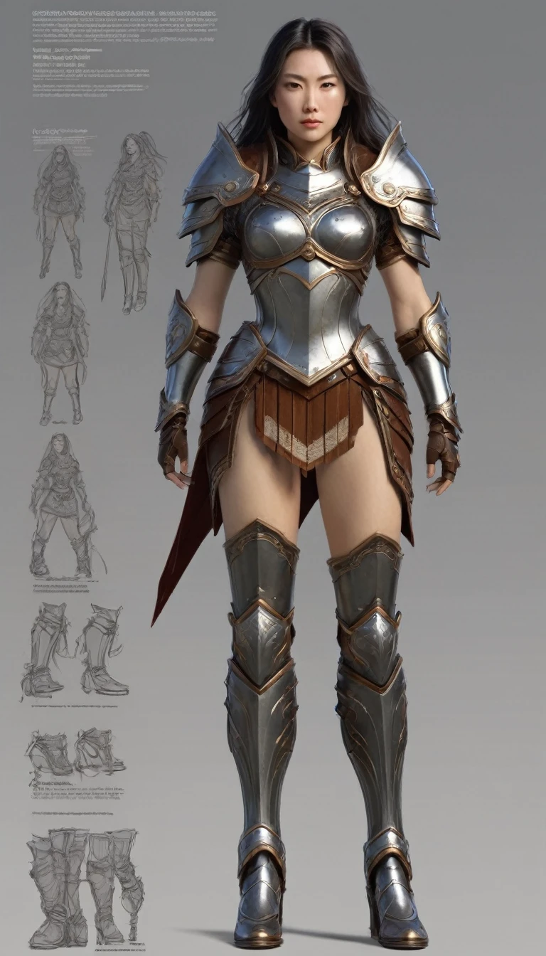 character design sheet, Woman, warrioress, of armor, legs showing, pretty legs, not Mark Reiden style, Xue Wang, exquisite workmanship, high détail, 8k, realisitic, inscriptions with technical characteristics, character description given, your strengths are shown