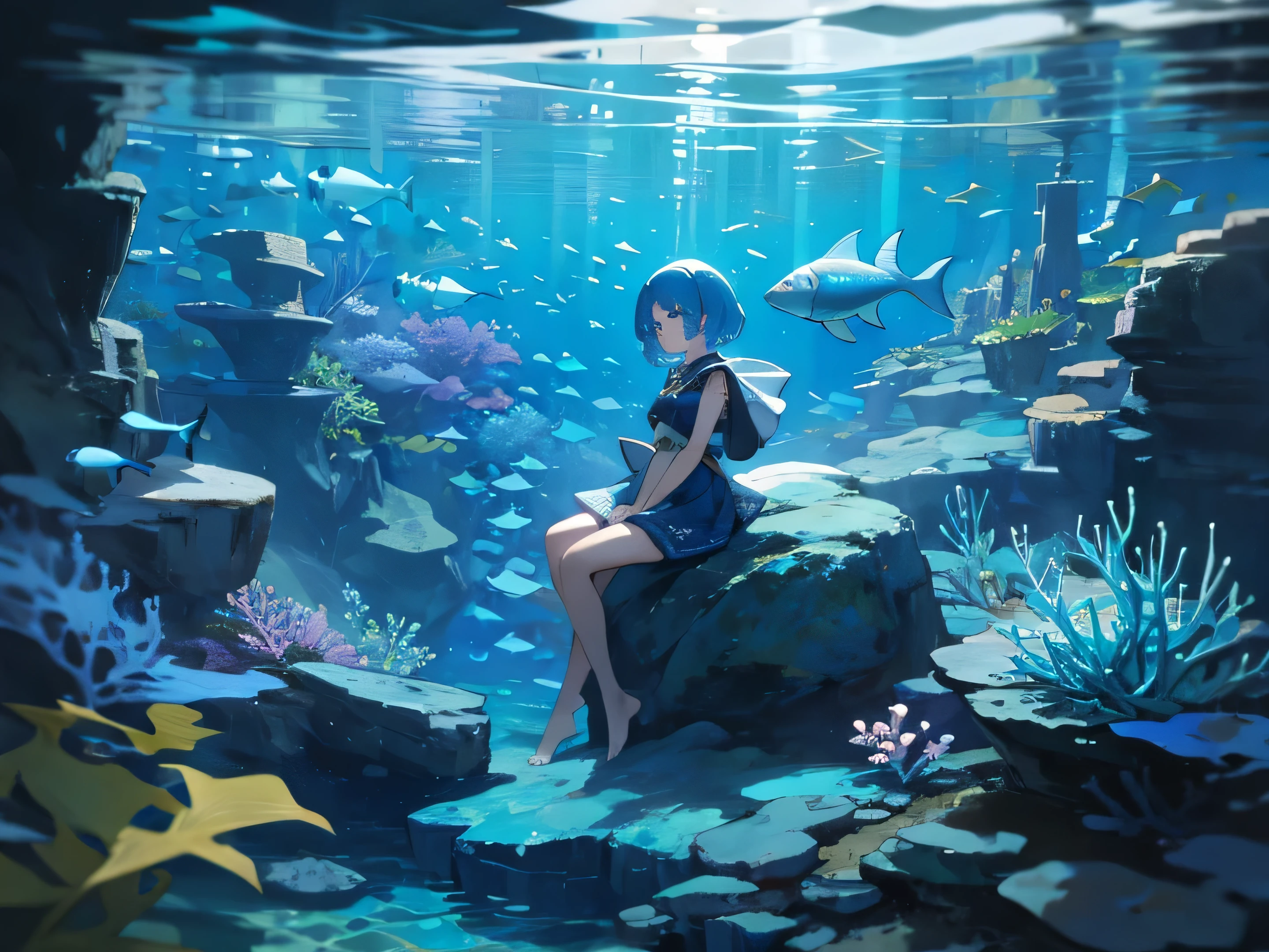 girl , sit on rock under the sea , on under water, blue hair, half body, fish and sea creatures