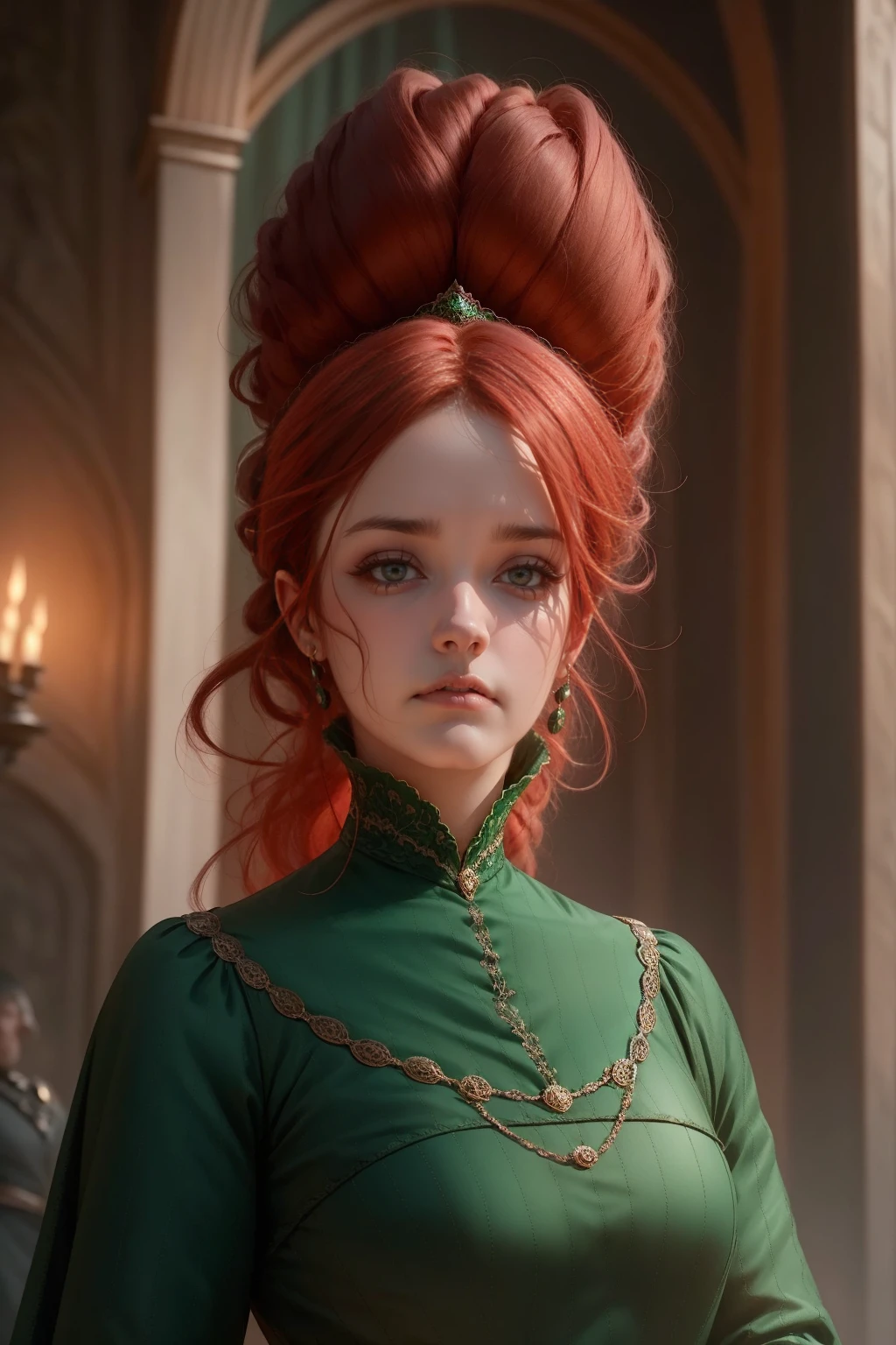 {-erro_de_anatomia:1.0} woman 40 years old, victorian era, queen clothes, (green dress), dark castle, a woman (alicent hightower), meddium dark red hair (dark red hair), (brown eyes) . Indifferent look , merciless. among the dragons, dinamic poses, egoist smile, upper body,
