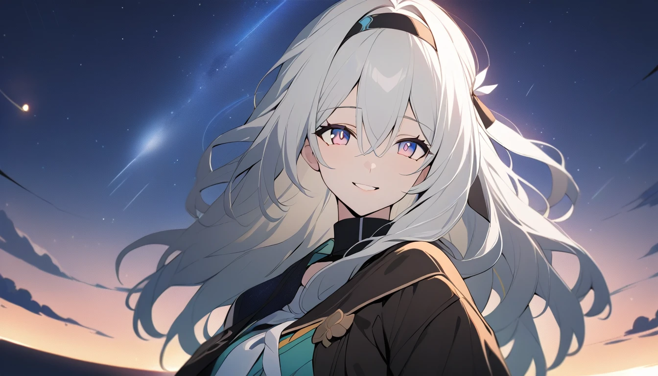 masterpiece,Best Quality,Firefly \(collapse: star rail\), 1 girl, lonely, sky, star_\(sky\), looking_exist_viewer, smile, long_hair, starry_sky, blue_look like, hits, evening, hairband, evening_sky, closure_boca, white_hair, long_manga, negro_hairband, down_hair_decorations, hair_decorations, Skirt, hair_in between_look like