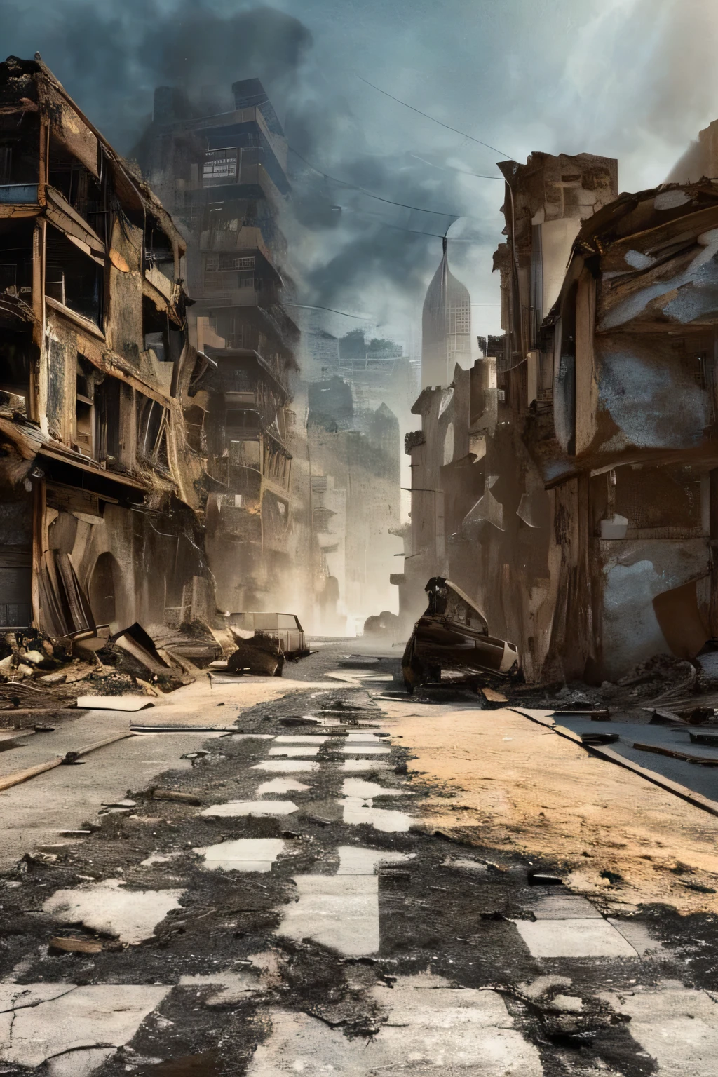 ruined city, road view, center, wide road, destroyed, ruined, rubbles