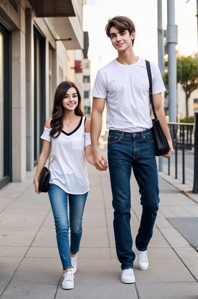 Girl with pixar style animation has brunette medium brown hair on her shoulders, He is wearing a lon jean, white shoes and a black shirt.,The girl is happy because she has just received several packages from Shein,the image should look very pretty and feminine 