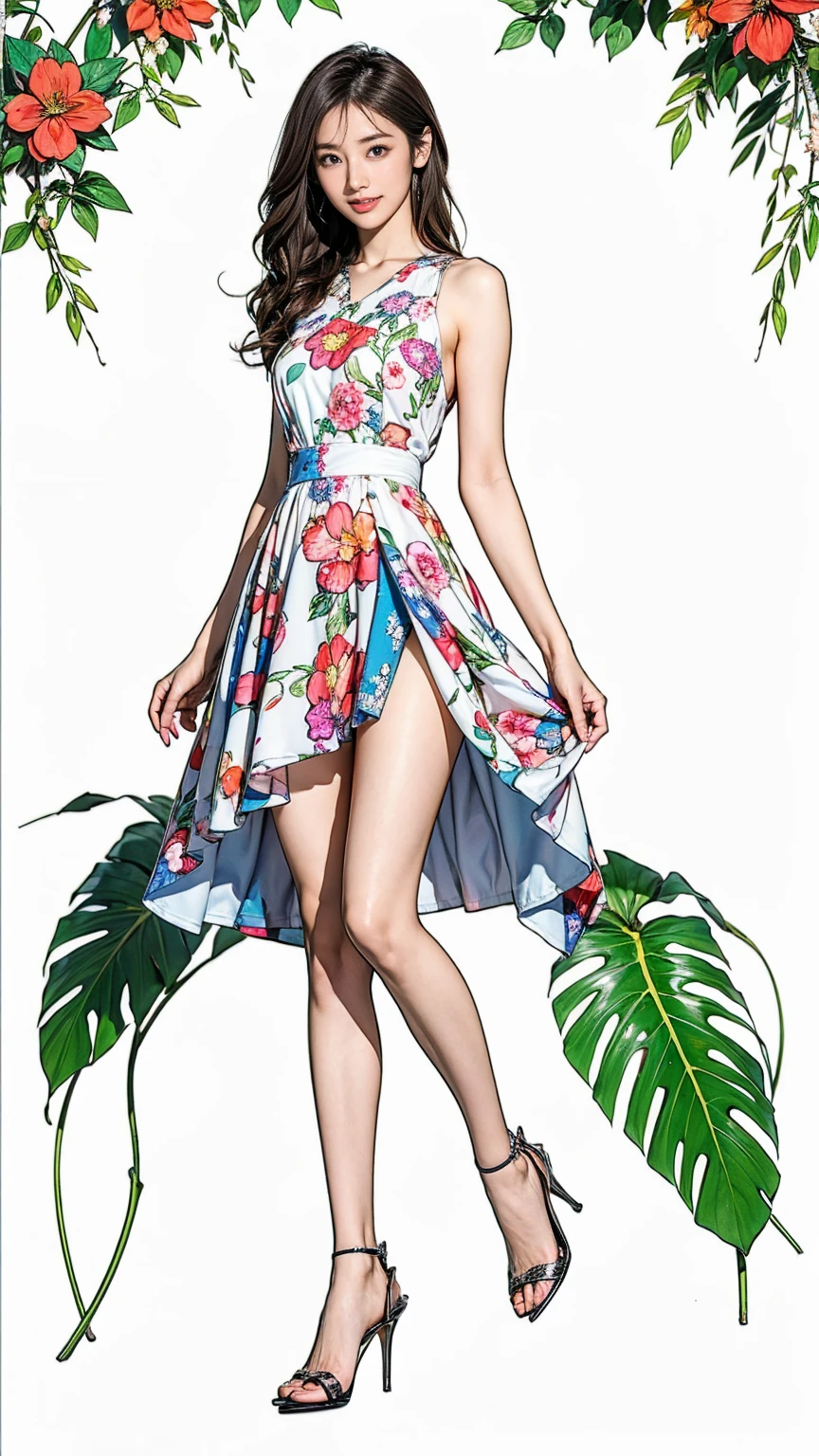 ((masterpiece)),(((Highest quality))),Character design sheet:1.5，Long legs,Slender figure:1.5，whole body:1.5，(One Girl:1.3),(Viewer Display:1.4)，The best smile:1.5，(Pointy high heels:1.3),(Stand with legs apart:1.2),(Wearing a floral and plant print mini dress:1.2), Curly Hair:1.5，High waist:1.5，