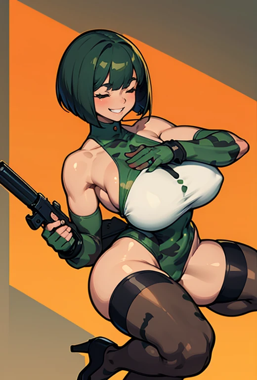 thick hips, thick thighs, platform heels, high cut leotard, huge breast, thin waist, bob cut hair, weapon, tanned skin, gun, thick body, tight stockings, military camouflage, big smile showing teeth, closed eyes,