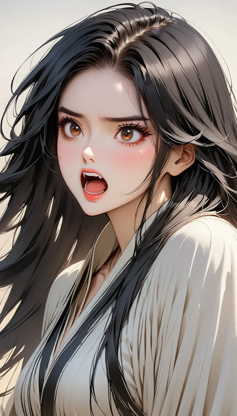 A beautiful woman, black hair, long hair, She has his mouth wide open, showing a very surprised expression.
