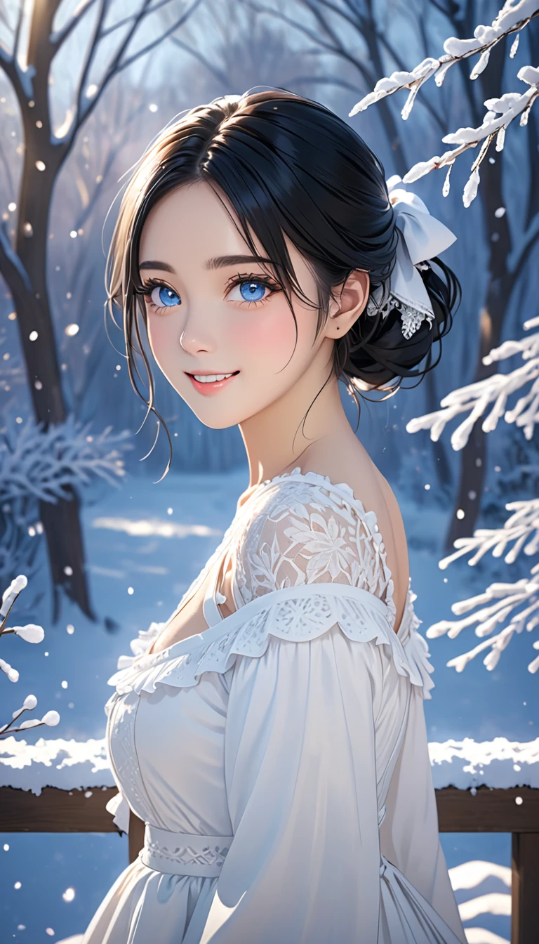 (((masterpiece))),best quality,illustration,4k wallpaper,movie lighting,absurd,1 girl,(snow,ice),in winter,black hair,shiny hair,medium hair,blue eyes,white clothes,frills,lace,leave_Shoulder,hair tie,masterpiece,telephoto lens,absurd,Exquisite face,features,natural light,soft light,(Seven-part combination),epic,Dreamy and magical,mystery,smile,shy,