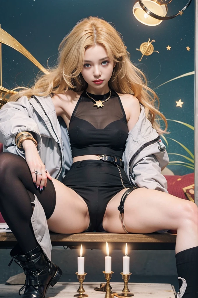 top quality, future world, State-of-the-art robot, Beautiful Woman, flying hair, Transformed into a cyborg except for the face, sexy images, whole body photo, ((Astrologer, star signs ring on table, Horoscope,candles, star signs book ))