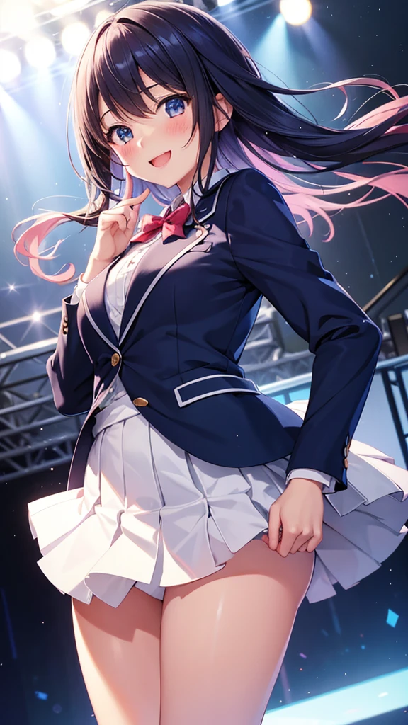 High resolution, accurate, high quality, Shortcuts, Blushing, anime, Your Name,girl,stage,cute,student,Blue blazer,whole,clear,smile, Open your mouth a little, Anatomically correct,