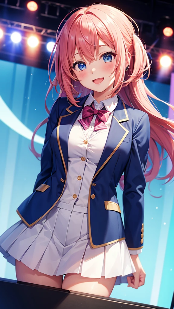 High resolution, accurate, high quality, Shortcuts, Blushing, anime, Your Name,girl,stage,cute,student,Blue blazer,whole,clear,smile, Open your mouth a little, Anatomically correct,