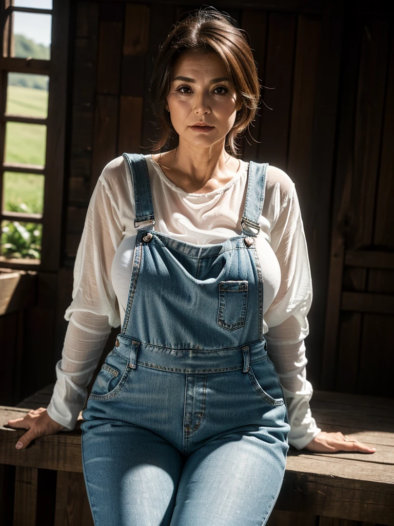 (masterpiece:1.4), (looking to the side : 1.3), ((Beautiful 60 year old woman:1.5)),(Facial wrinkles : 1.2),(white sheer linen shirt : 1.2), (Dungarees : 1.2), (black Rubber boots), (plump body : 1), extremely white skin, pores, skin blemishes, dull skin, mid-length hair, enormous saggy breasts, (hanging breasts), plump thighs, working as a farmer, on a barn, detailed backgrounds, sunrise