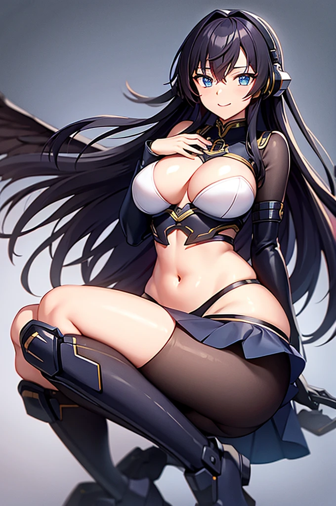 mecha wings、skirt、Accentuated thighs、black tights、chest、Beautiful black hair、1 girl、solo girl、Thick thighs、IS、Frame Arms Girl、Alice Gere Aegis、income、headphone、hand on own chest、smile