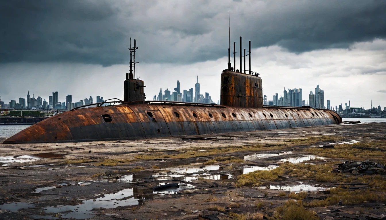 large rusty war submarine abandoned on dry land, post apocalyptic, dark cloudy, and city in the background