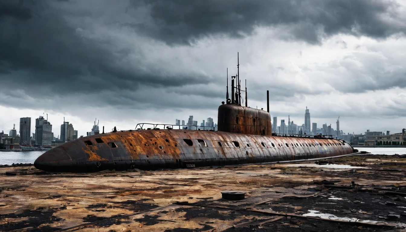large rusty war submarine abandoned on dry land, post apocalyptic, dark cloudy, and city in the background