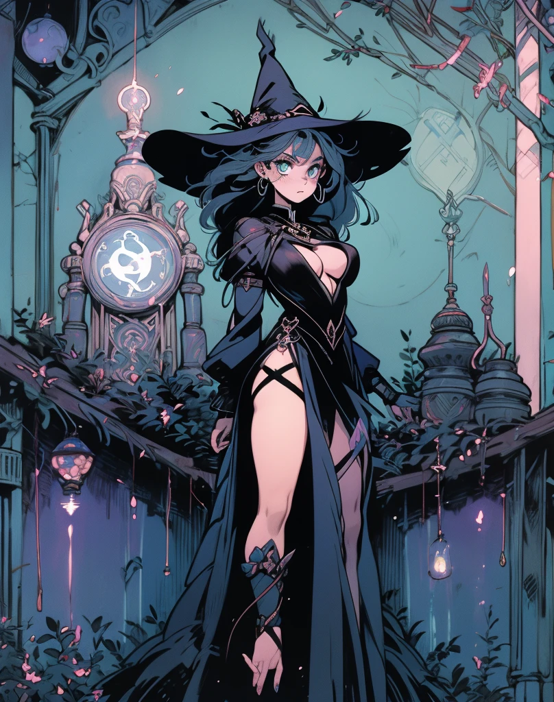 depicts a modern-day witch who has embraced the world of cybernetics to enhance her magical abilities. The artwork should convey the enchanting blend of traditional witchcraft and futuristic technology. Here are some specific elements to include: The Witch's Lair: The setting should be a cozy yet slightly eerie room, filled with magical books, crystal balls, potion ingredients, and antique furnishings. The room should be dimly lit by candles and a soft, mystical glow emanating from her cybernetic enhancements. The Cyborg Witch: The central focus of the artwork is the witch herself. She's a striking figure with a mix of traditional witch attire and cybernetic enhancements. Her clothing should have a witchy, occult aesthetic, with flowing robes, a pointed hat, and an intricate pentagram necklace. Her arms, however, have been upgraded with cybernetic components that incorporate magical symbols and glowing runes. Magical Interface: The witch is in the midst of casting a spell, with a holographic, touch-screen interface floating before her. This interface includes spell incantations, arcane symbols, and digital components, demonstrating her fusion of magic and technology. Spell Ingredients: On a nearby table, there should be a collection of spell ingredients, like herbs, potions, and magical artifacts. Some of these items may have been modified with cybernetic enhancements, blurring the line between the natural and the technological. Familiar: The witch's familiar, perhaps a cat or raven, should be present in the scene, serving as her magical companion. The familiar could also have subtle cybernetic enhancements or glowing eyes. Glowing Runes: The room should be adorned with ancient symbols and glowing runes on the walls and floor, contributing to the magical atmosphere. Aetherial Lighting: Use a combination of mystical, ethereal lighting and cybernetic glows to create a captivating interplay of light and shadow. The contrast between the tradit