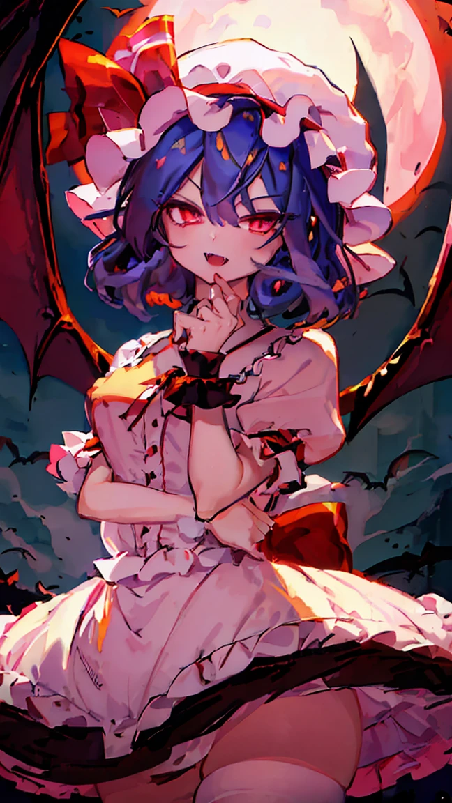 Anime Girl, Fine skin, (masterpiece, highest quality, 8K ultra-high resolution:1.4), beautiful detailed eyes, ultra-detailed,
((from above, Only the upper body and head can be seen, claw pose)),
remilia_scarlet_touhou, 
red_eyes, short_hair, blue_hair,  hair_between_eyes, bangs, smile, open mouth, red nail,
mob_cap, ((pink amd wihte dress, puffy short sleeves)), red_ribbon, 
fang, fangs, vampire, bat_wings, wings, hat, 
red moon night,