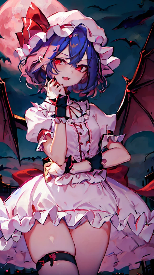 Anime Girl, Fine skin, (masterpiece, highest quality, 8K ultra-high resolution:1.4), beautiful detailed eyes, ultra-detailed,
((from above, Only the upper body and head can be seen, claw pose)),
remilia_scarlet_touhou, 
red_eyes, short_hair, blue_hair,  hair_between_eyes, bangs, smile, open mouth, red nail,
mob_cap, ((pink amd wihte dress, puffy short sleeves)), red_ribbon, 
fang, fangs, vampire, bat_wings, wings, hat, 
red moon night,