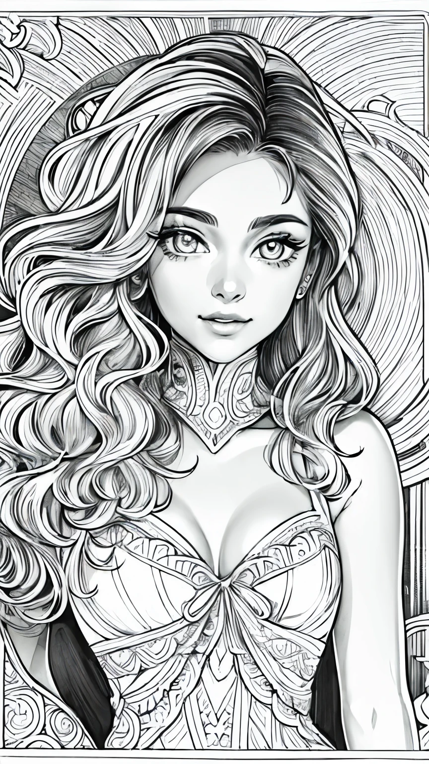 (Black and white coloring book:1.5), masterpiece, Highest quality, (Detailed Background), High Contrast, Highly detailed face, ((Eyes are clearly defined)), smile, Hair is white, Adult women, Thigh to head, As seen in Hollywood movies、Elegant and glamorous evening dresses, Line drawings without color or shading, Beautiful line drawing, The outline is a thick line, Skinny