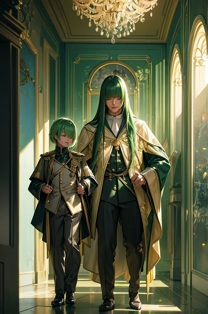 a young boy with long green hair down to his feet, straight green hair, bangs covering his eyes, with a sweet smile, wearing elegant princely child's clothing, fantasy creature, highly detailed, photorealistic, 8k, masterpiece, cinematic lighting, dramatic shadows, vivid colors, beautiful digital painting, concept art