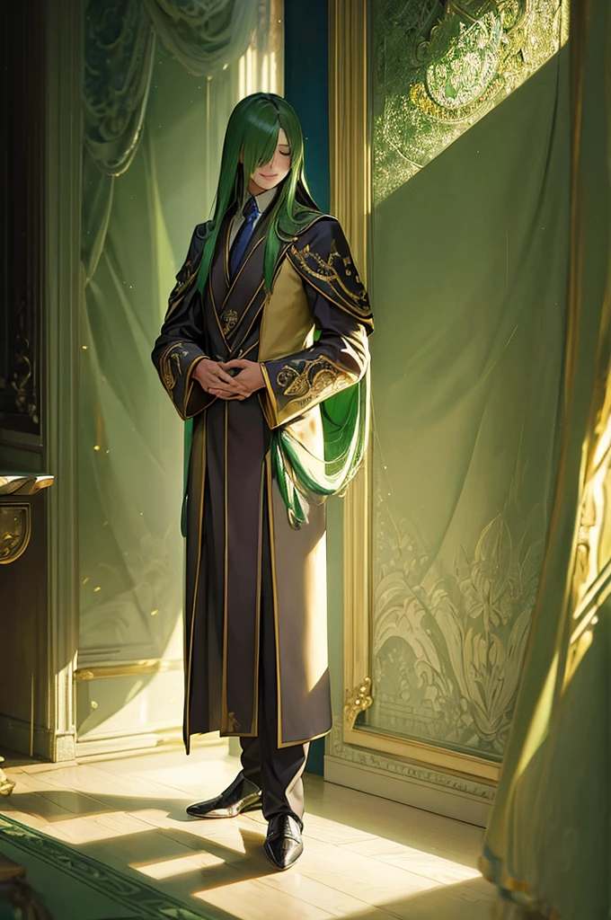 a young boy with long green hair down to his feet, straight green hair, bangs covering his eyes, with a sweet smile, wearing elegant princely child's clothing, fantasy creature, highly detailed, photorealistic, 8k, masterpiece, cinematic lighting, dramatic shadows, vivid colors, beautiful digital painting, concept art