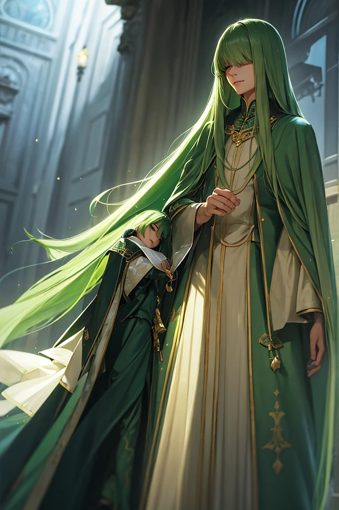 a young boy with long green hair down to his feet, straight green hair, bangs covering his eyes, with a sweet smile, wearing elegant princely child's clothing, fantasy creature, highly detailed, photorealistic, 8k, masterpiece, cinematic lighting, dramatic shadows, vivid colors, beautiful digital painting, concept art