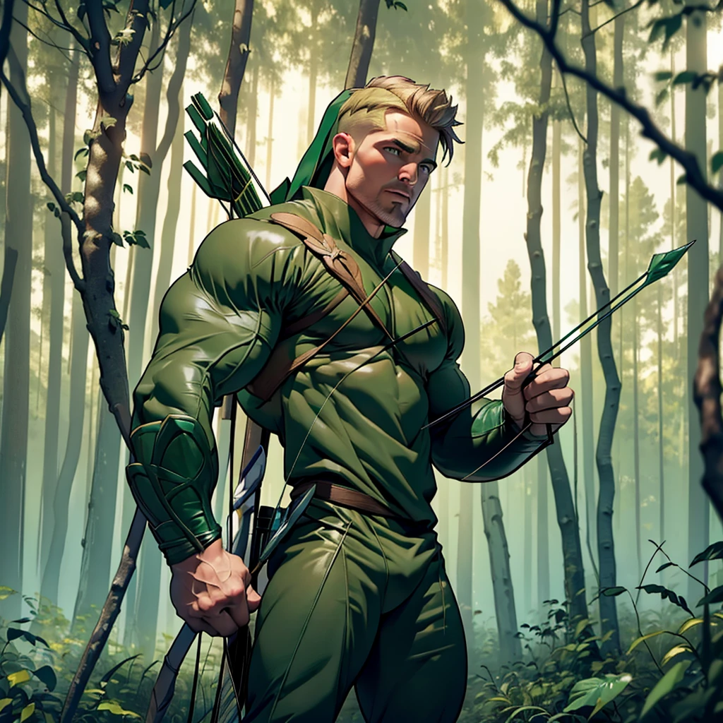 32k, high quality , detailed face , detailed fingers ,detailed muscles  (((stephen amell))) as (((green arrow))) , wearing dark green forest suit   , having a dark blond short hair , a thick well groomed facial hair, a bulge ,hunk and handsome, shooting with his bow and arrow toward the ennemy , with the quiver on his back full of arrows , background  a lush forest and trees