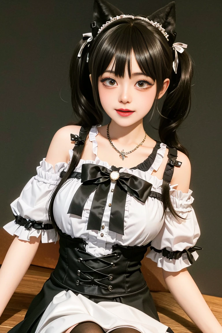 ulzzang-6500-v1.1,(raw photo:1.2),((photorealistic:1.30)), ((best quality)) ,((masterpiece)),((Ultra High Resolution)), ((Clear View)),,Ultra-high resolution,Clear face,（Reality：1.4) ,  illustration, an extremely delicate and beautiful, extremely detailed ,CG ,unity ,8k wallpaper, Amazing, finely detail, masterpiece,best quality,official art,extremely detailed CG unity 8k wallpaper,absurdres, incredibly absurdres, huge filesize, ultra-detailed, highres, extremely detailed,beautiful detailed girl, extremely detailed eyes and face, beautiful detailed eyes,light on face,cinematic lighting, 1girl, 独奏, bangs, long hair,twintails, hair ribbon, jirai kei attire, jirai kei, black thighhighs, high heels, jewelry, collarbone, earrings,smile, necklace, (sitting), (medium breasts:1.3), (shagging breasts) Naughty, (From the front:1.3), On the beach, Beach sand, waves, (Beach:1.5),basking under the sun, sharp baby face, cute, Small face, Small mouth, small lips, (Animal ears:1.3)