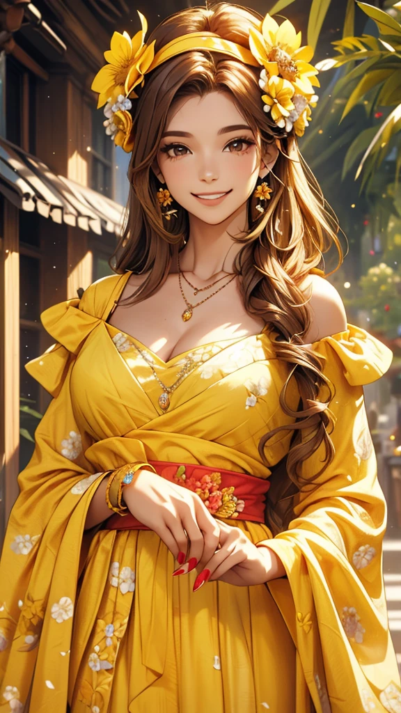a woman that is smiling and wearing yellow clothing with a flower headband, 1girl, solo, flower, jewelry, hair ornament, earrings, hair flower, red nails, smile, long hair