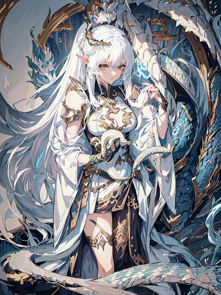 anime girl with a dragon and snake on her shoulder, queen of dragons, white haired deity, dragon girl, anime fantasy illustration, loong, detailed anime art, detailed anime artwork, detailed digital anime art, detailed anime character art, anime fantasy artwork, the dragon girl portrait, human and dragon fusion, clean detailed anime art