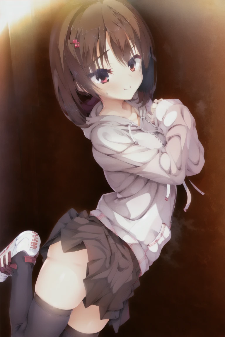 1girl,standing,simple_background,bangs,(red_hoodie:1.3),(black_pleated_skirt:1.35),bob_hair,brown_hair,独奏,black_skirt,blush,skirt,white_background,breasts,eyebrows_ass visible_through_hair,short_hair,smile,red_eyes,looking_at_viewer,thighhighs,long_sleeves,medium_hair,thighs,hair_ornament,hairclip,medium_breasts,shoes,zettai_ryouiki,hood,hoodie,sneakers,brown_legwear,feet_out_of_frame,hood_down,sleeves_past_wrists,drawstring,red_hoodie,expensive_solve, clear_image, expensive_Contrast, 8k, Sparkling, beautiful_detailed_face_and_eye, (Brown Hair:1.25), 白 eye,