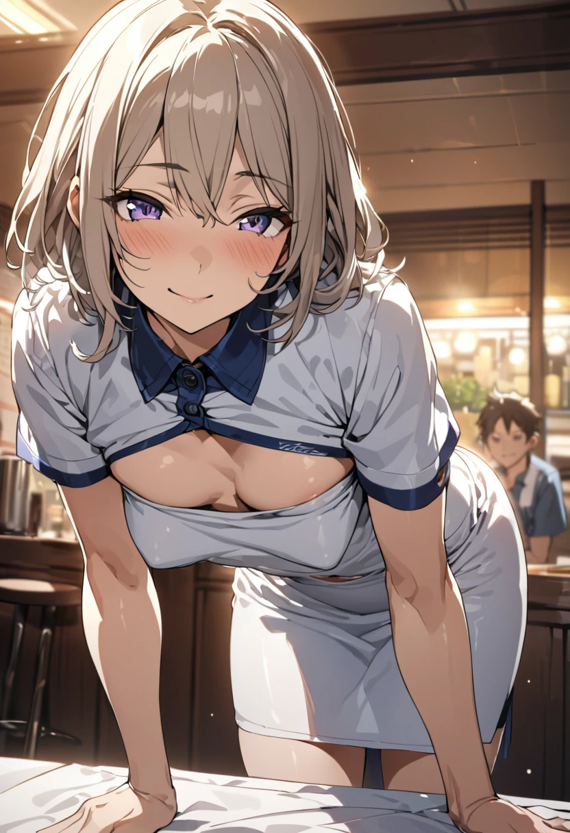 masterpiece, Highest quality, Super detailed, Ultra-high resolution, Highly detailed face, alone, anime, 20-year-old girl, slim, (((Waitress Uniform))), (((Expose the abdomen))), Six Pack Abs:1.15, (((Lean forward))), Light brown short hair, Mid-chest, A small smile, In the room