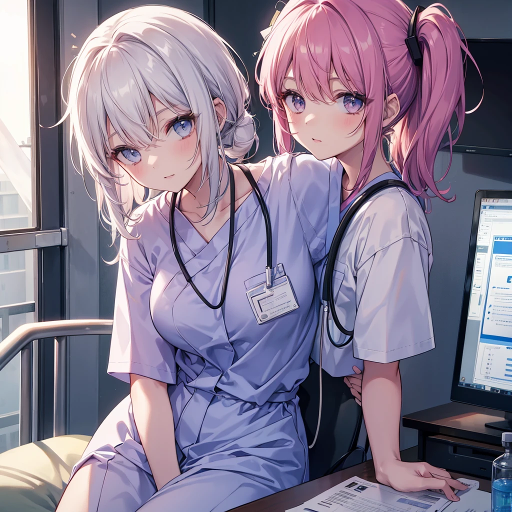 nursing aide,one girl,solo,scrubs,no cap,no hat,not wearing a hat, I can't get my head out of the picture.