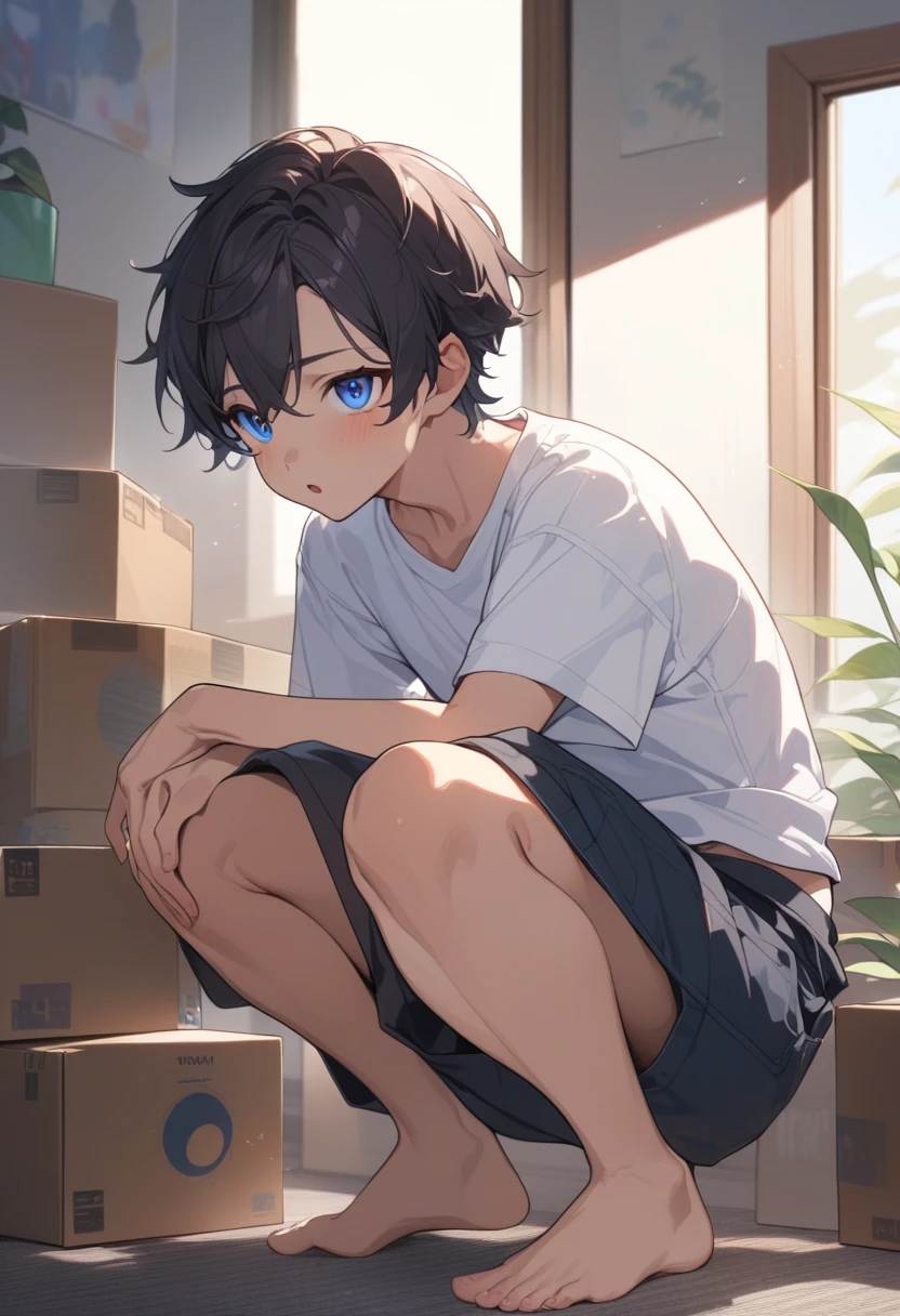 masterpiece, best quality, extremely detailed, ultra detailed, flat anime, 2D, ((1boy)),black hair, (short hair:1.5),blue eyes, height 1.7meters, (circle eyes:1.2), (young adult:1.2), Ear-length sideburns, long Sleeves, White T-shirt, barefoot, ((short sleeves)), ((long pants)), squatting, open mouth, summer, 12AM, livingroom,organizing the boxes., ((portrait)),full body,expressionless,((looking at viewer)), (looking up:1.7),
