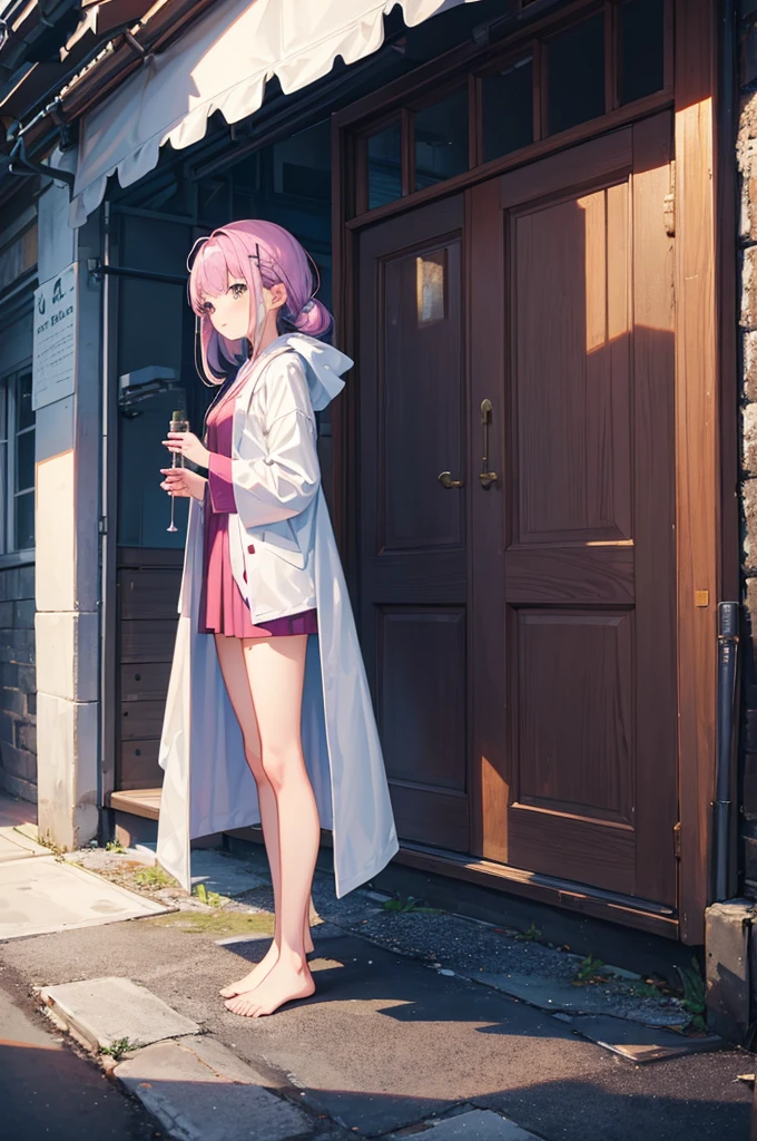 A cute girl uses magic, standing full body wearing a robe.