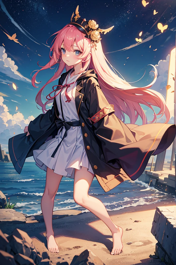 A cute girl uses magic, standing full body wearing a robe.