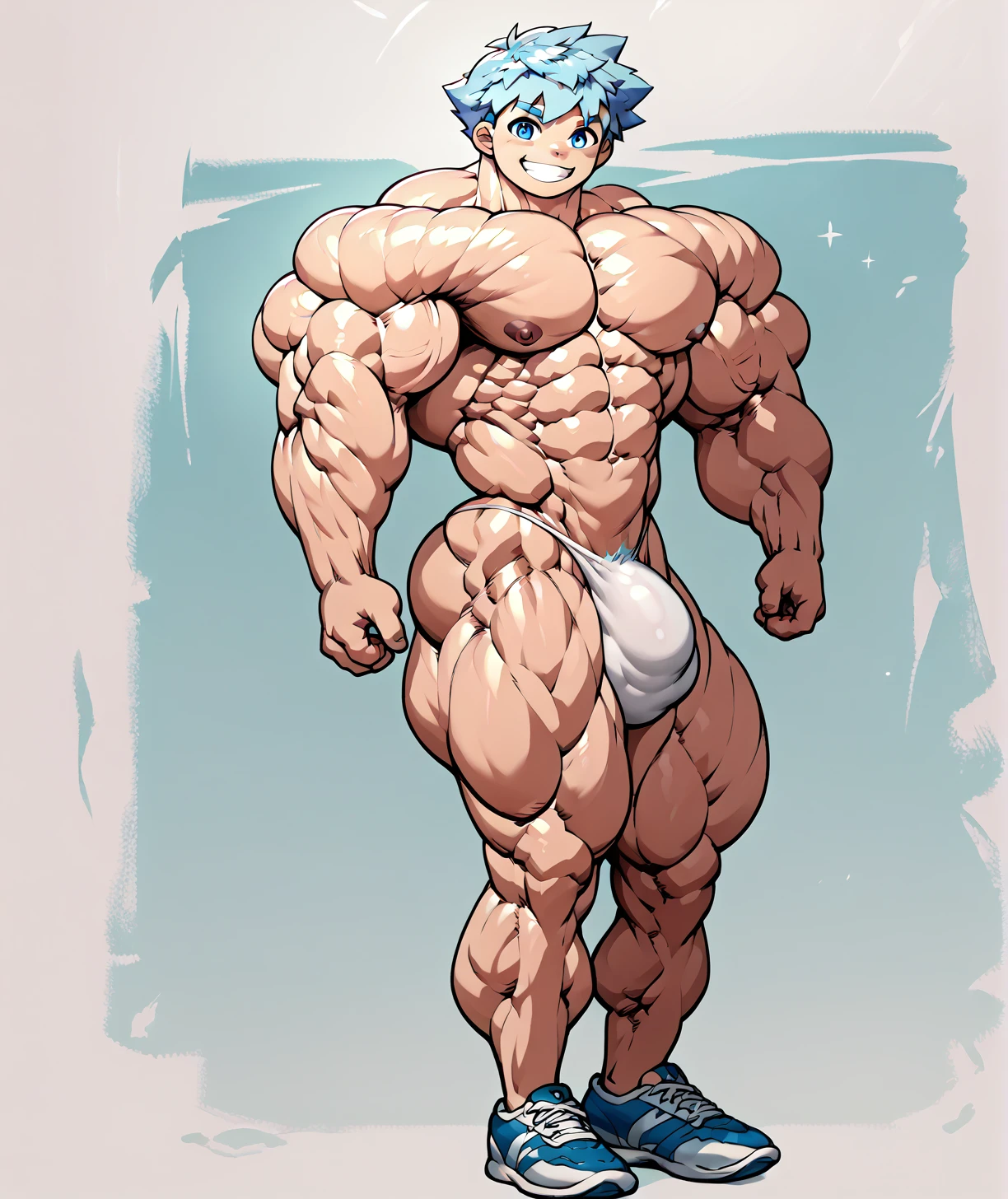 Naked , big bulge , huge bulge, white thong ,alone, smiling , muscular, huge muscle, big muscles, pectoral muscle , 1 chico , YOUNG , anime, full body , pokkuti , riku , blue eyes
