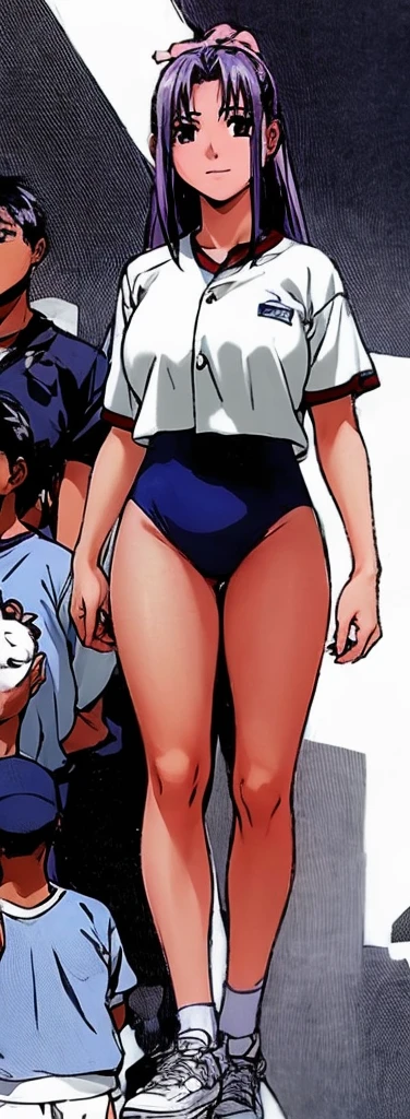 Momoko Koigakubo, with her beautiful legs, is standing with a smile on her face in a white gym suit and light navy blue bloomers that look like panties.。Momoko Koigakubo is holding a boy in a jersey。Angle from behind。