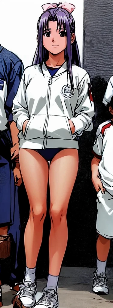 Momoko Koigakubo, with her beautiful legs, is standing with a smile on her face in a white gym suit and light navy blue bloomers that look like panties.。Momoko Koigakubo is holding a boy in a jersey。Angle from behind。