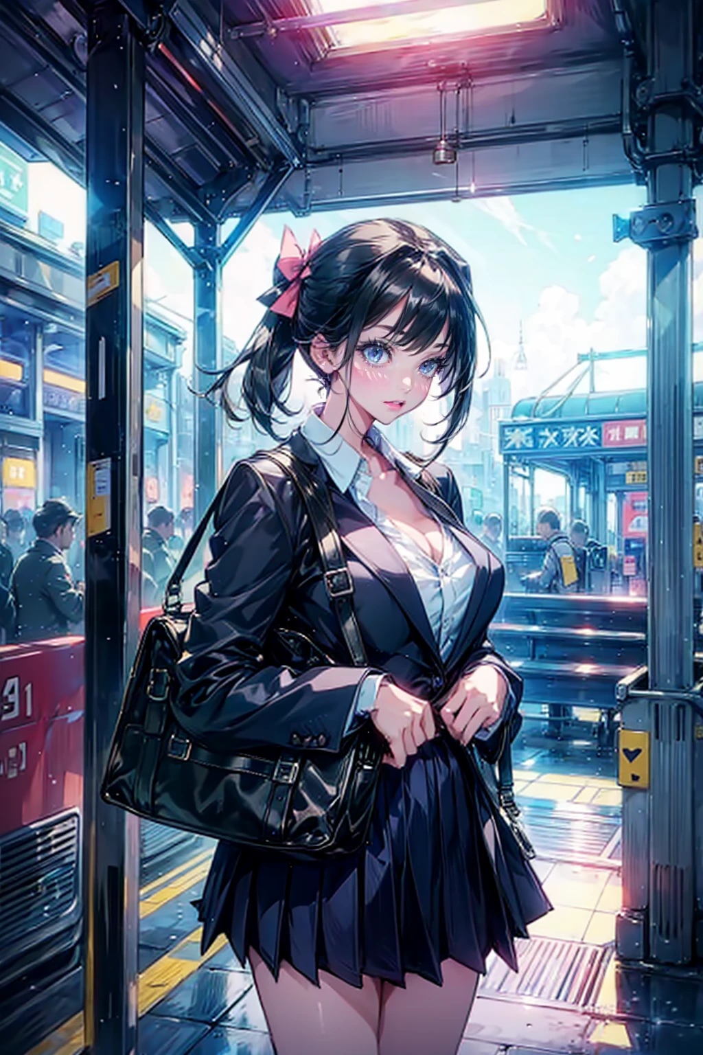 1girl,solo,cute,bigbreast,cleavage,suit and skirt,in station platform,meeting,at morning,brilliant