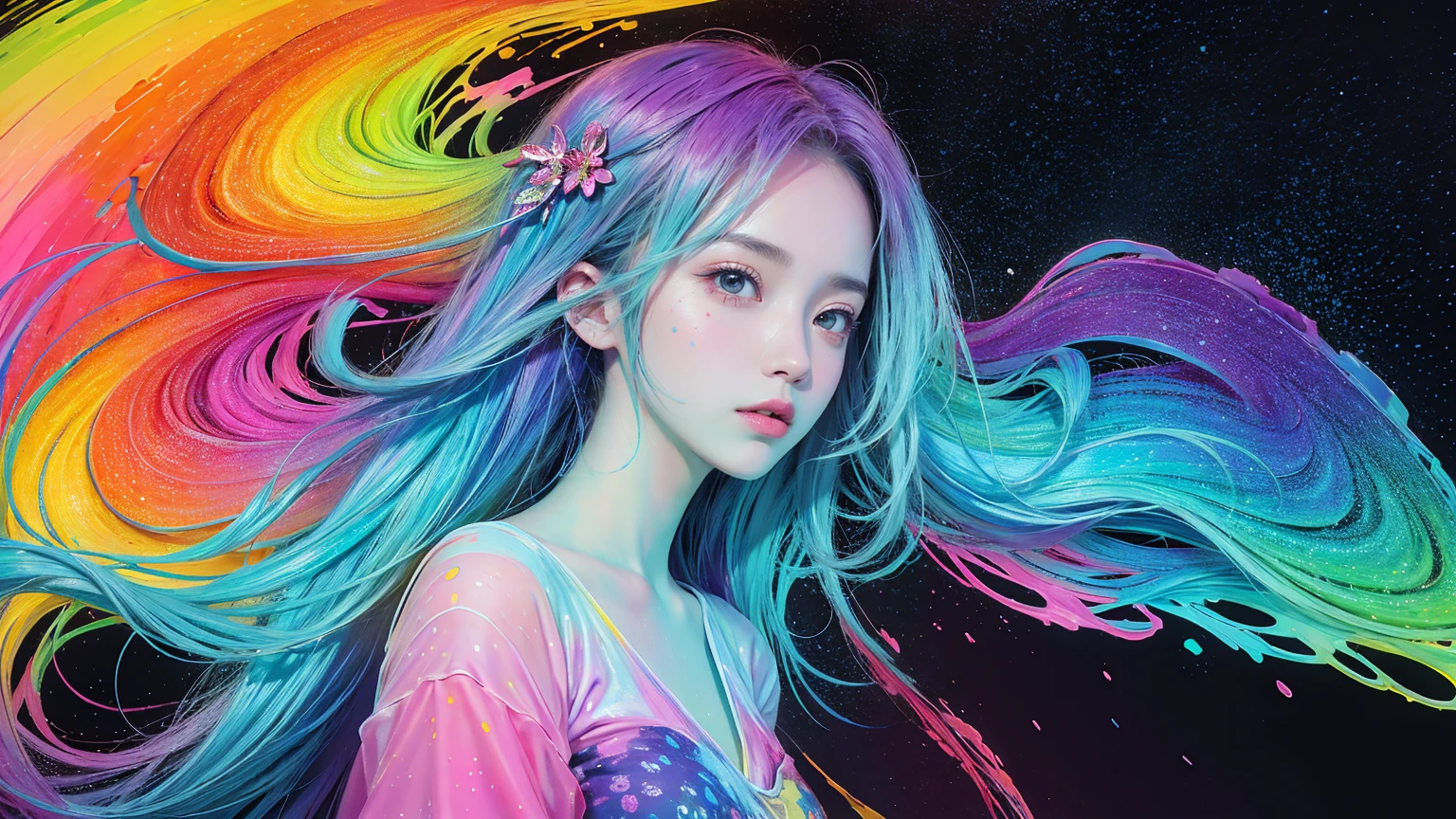 ((1 girl)), colorful, Dot, colorfulなペイント, Splash Paint, liquid, fog, Bright colors, matrix, hologram, Confused, detailed, 非常にdetailed, 非常にdetailed, Complex, masterpiece, 8k,khd,8k resolution,masterpiece