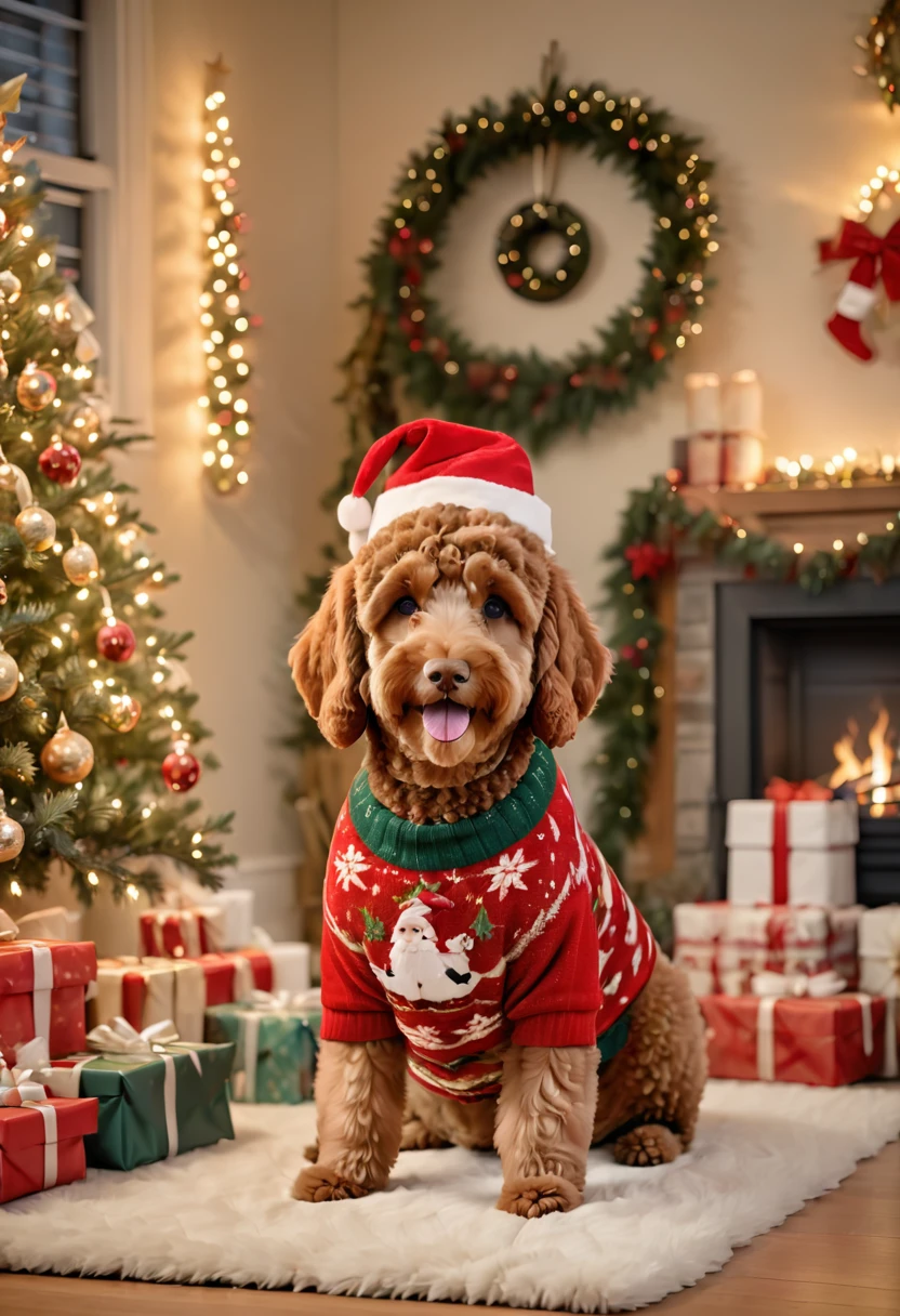A brown Cavapoodle dressed in a festive holiday sweater and Santa hat, sitting next to a decorated Christmas tree with presents. The background is a cozy living room with a fireplace and holiday decorations